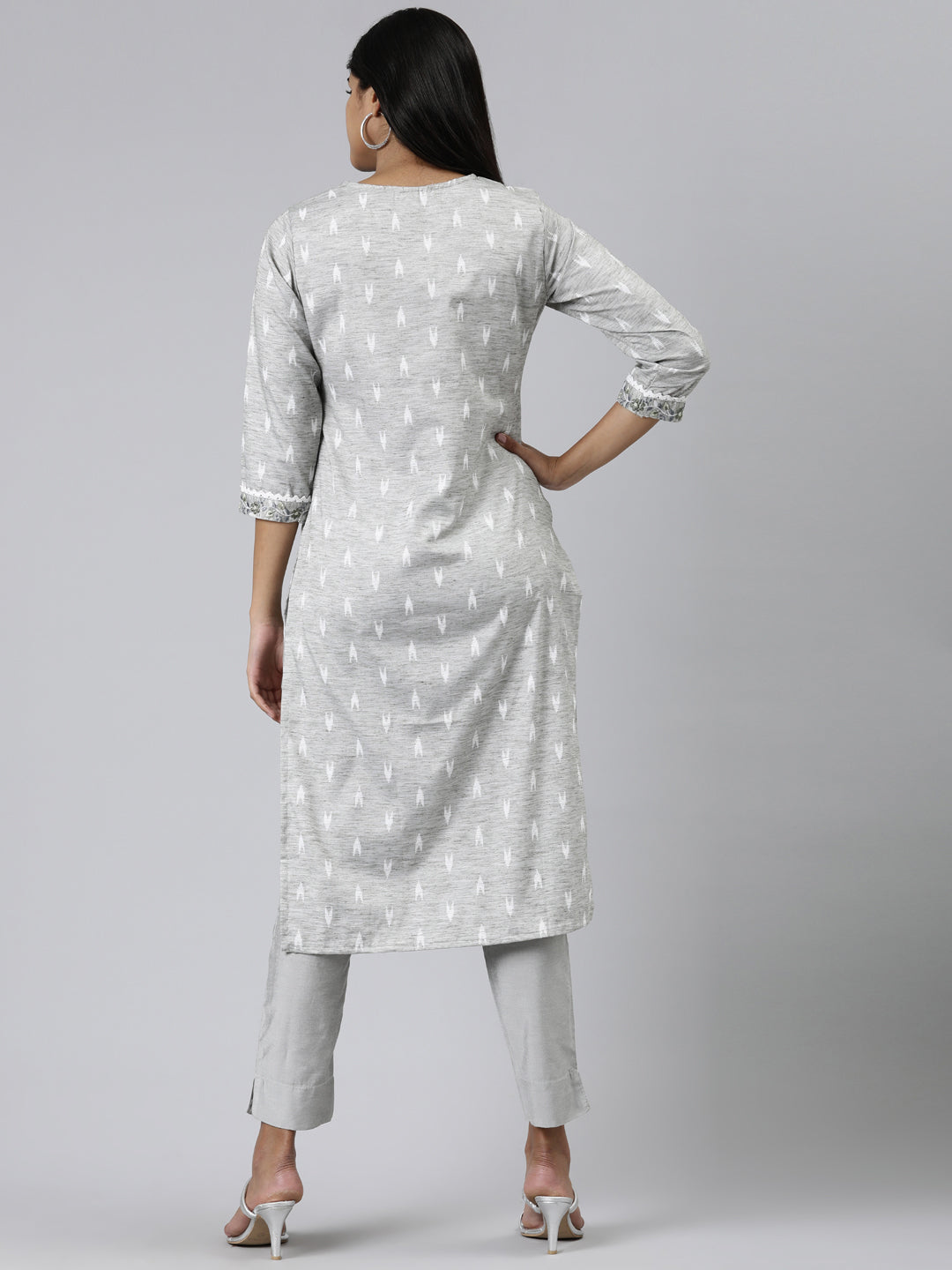 Neerus Grey viscose rayon printed straight kurti - side view