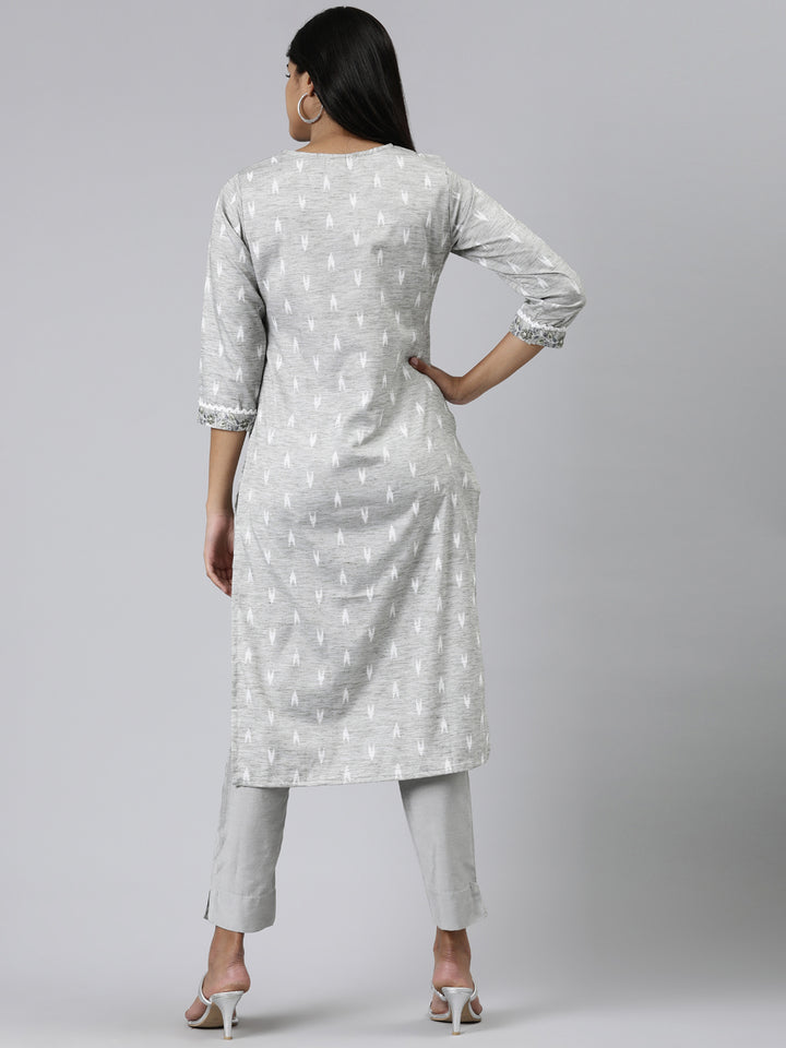 Neerus Grey viscose rayon printed straight kurti - side view