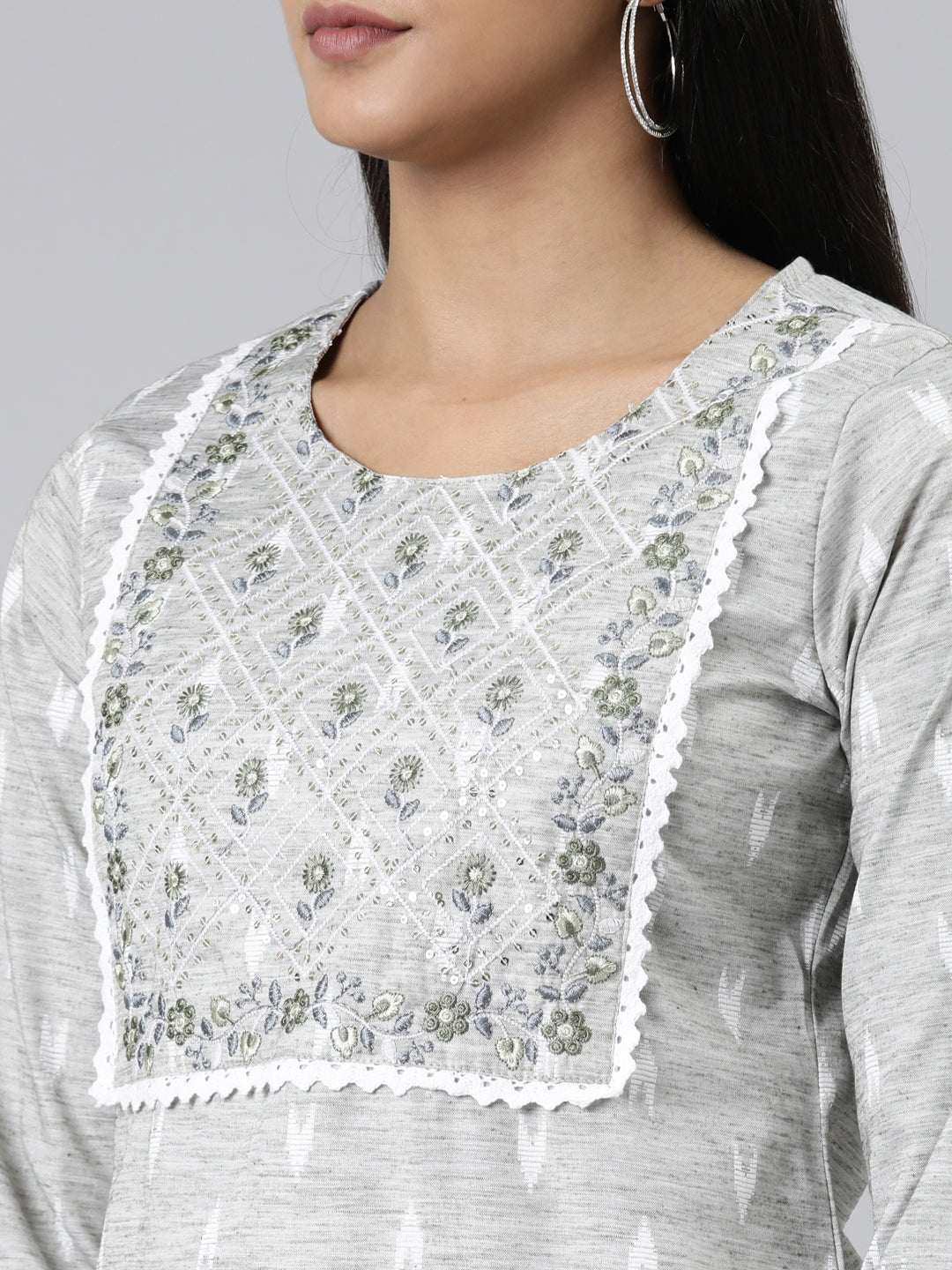 Neerus Grey viscose rayon printed straight kurti - detail view 1