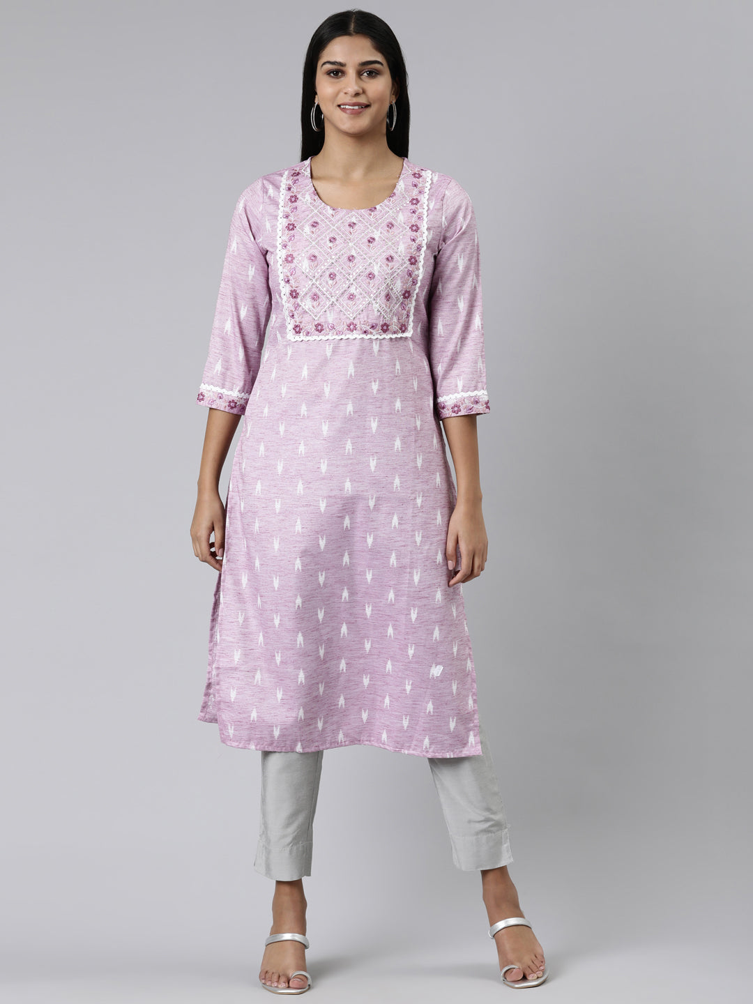 Neerus Pink Straight Printed Viscose Rayon Kurtas
