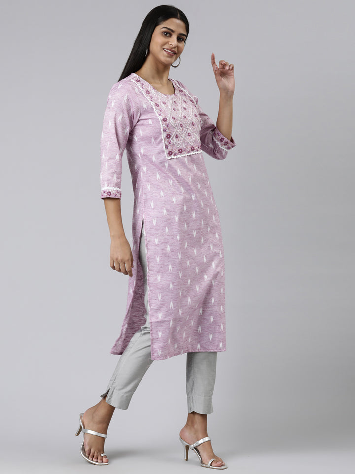 Neerus Pink Straight Printed Viscose Rayon Kurtas