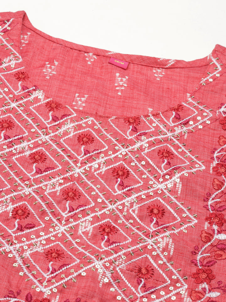 Neerus Red Straight Printed Cotton Kurtas