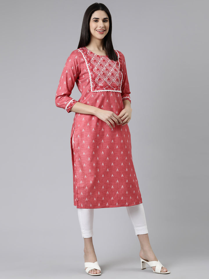 Neerus Red Straight Printed Cotton Kurtas