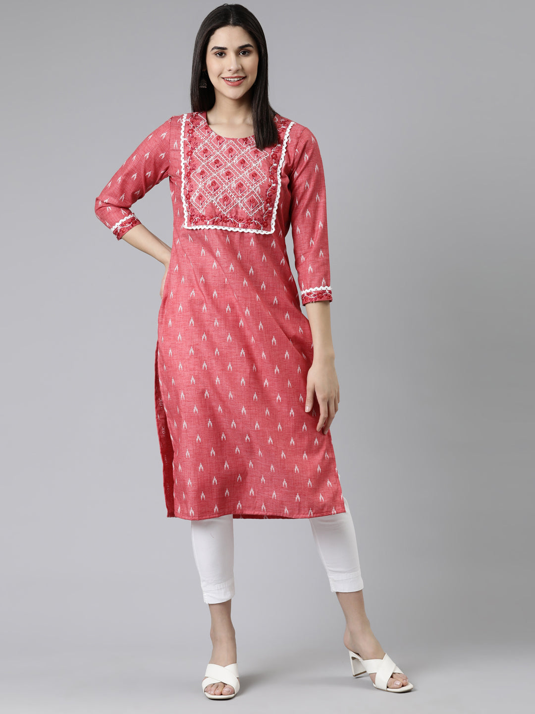 Neerus Red Straight Printed Cotton Kurtas