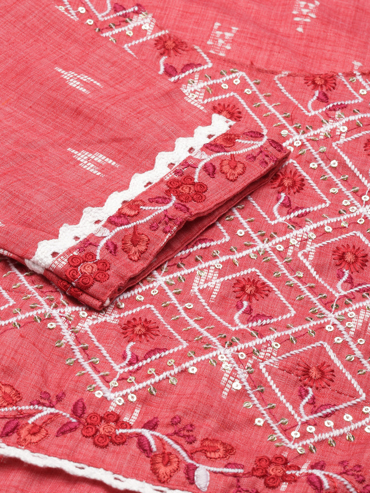 Neerus Red Straight Printed Cotton Kurtas