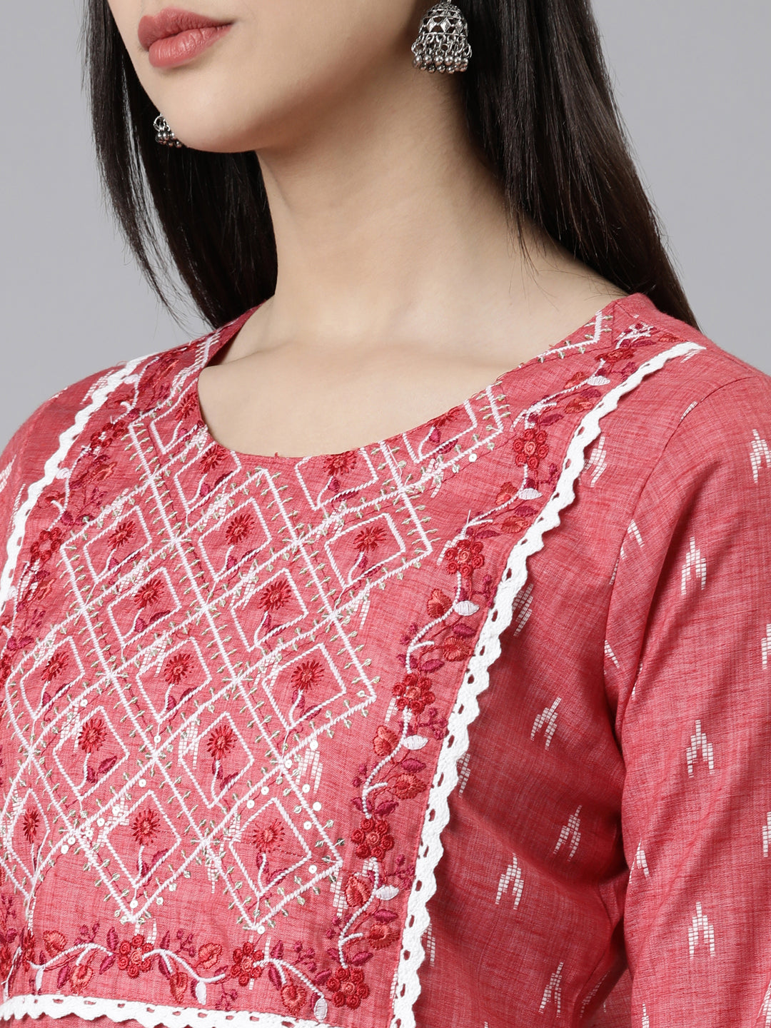 Neerus Red Straight Printed Cotton Kurtas