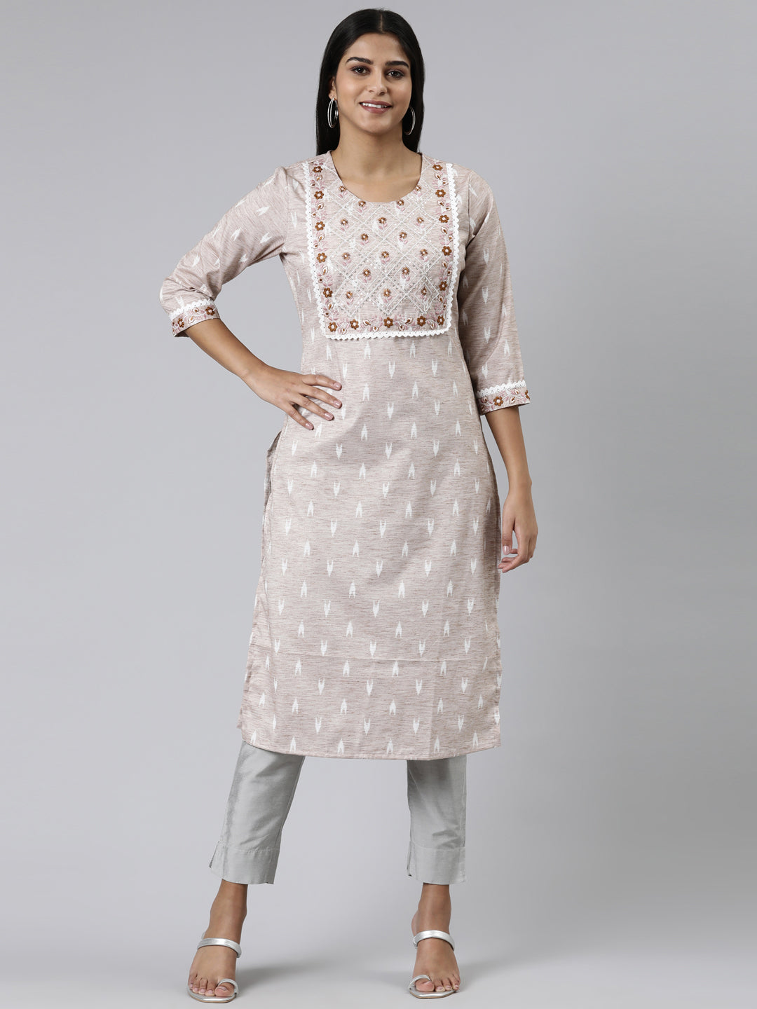 Neerus Grey viscose rayon printed straight kurti - front view