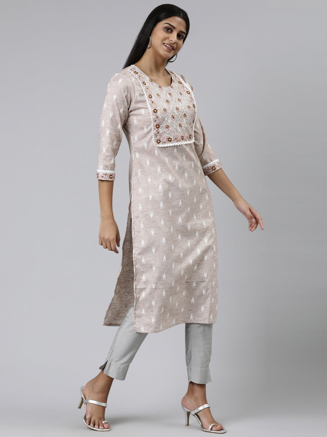 Neerus Grey viscose rayon printed straight kurti - back view
