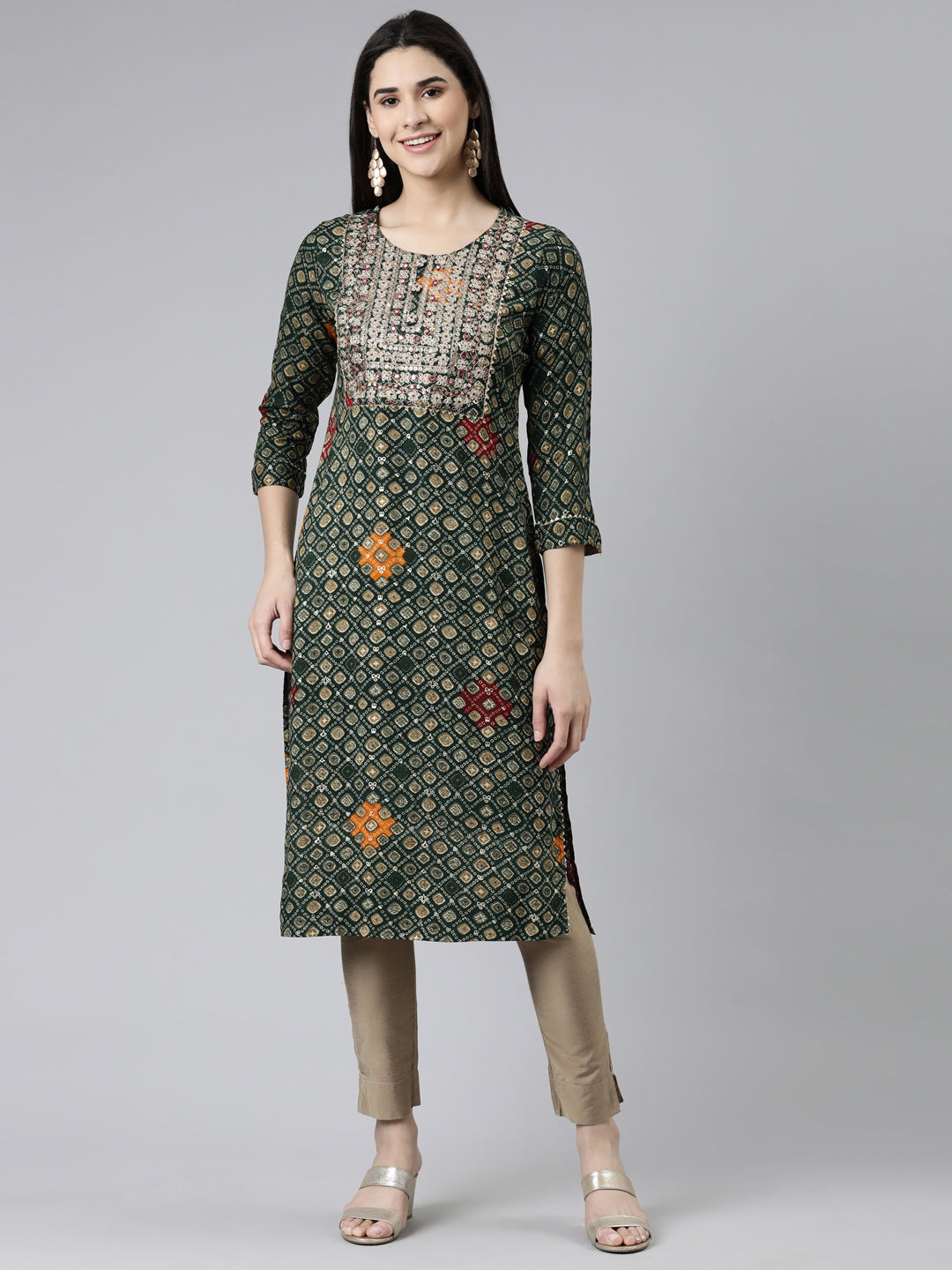 Neerus Green Straight Printed Cotton Kurtas