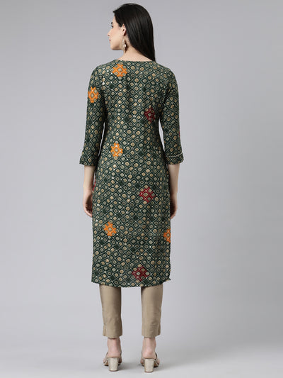 Neerus Green Straight Printed Cotton Kurtas