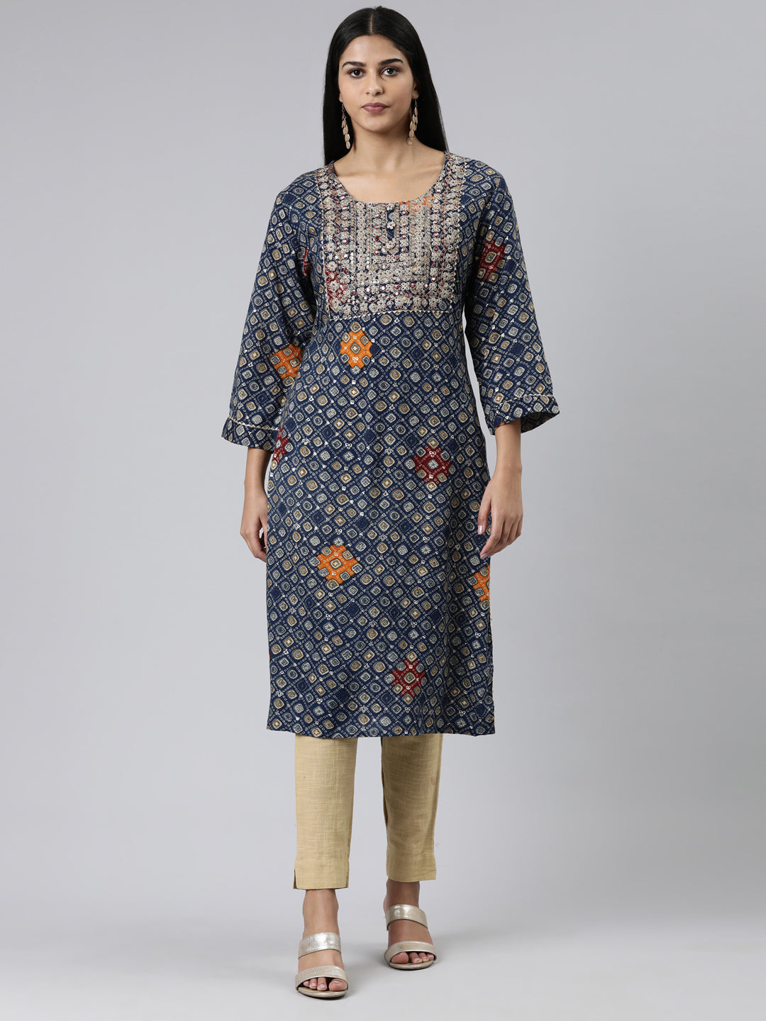 Neerus Blue Straight Embroidered Viscose Rayon Kurtas