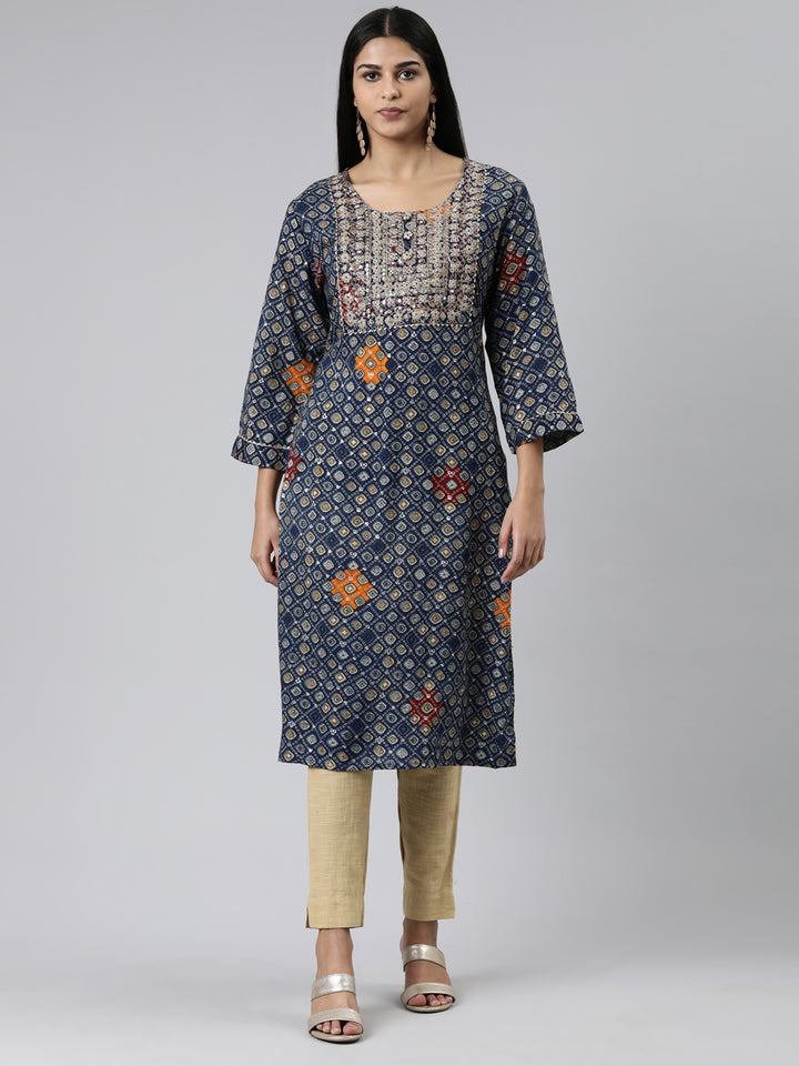 Neerus Blue Straight Embroidered Viscose Rayon Kurtas