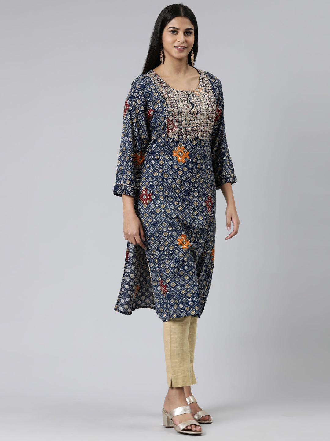 Neerus Blue Straight Embroidered Viscose Rayon Kurtas