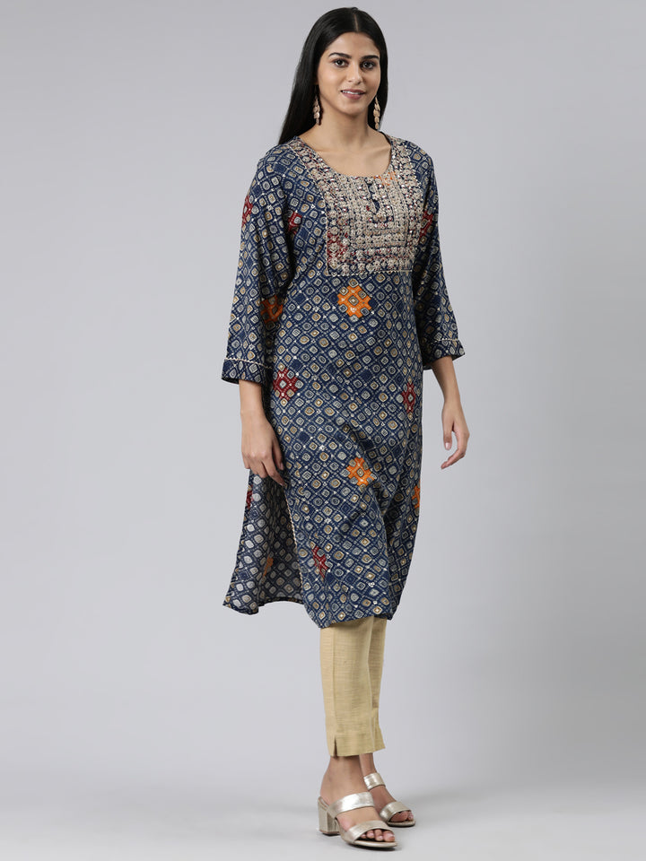 Neerus Blue Straight Embroidered Viscose Rayon Kurtas