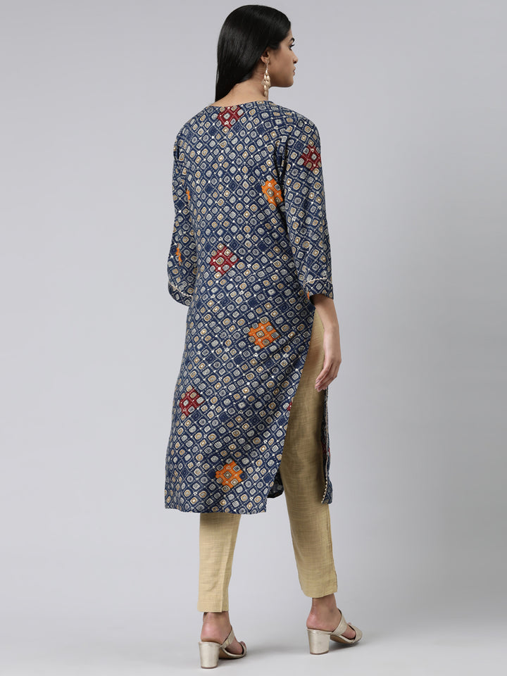 Neerus Blue Straight Embroidered Viscose Rayon Kurtas