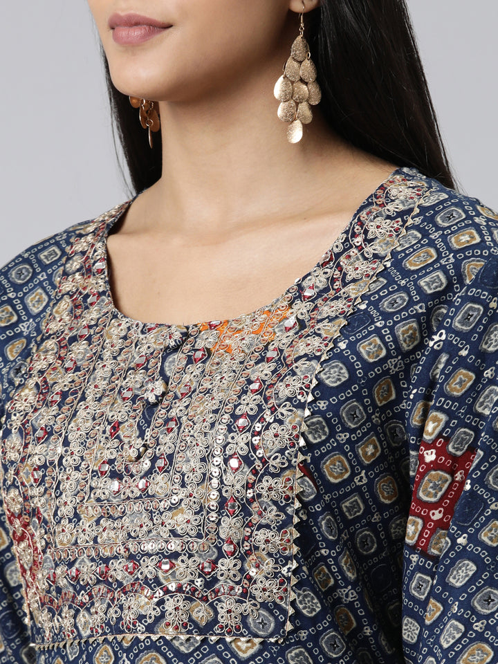 Neerus Blue Straight Embroidered Viscose Rayon Kurtas