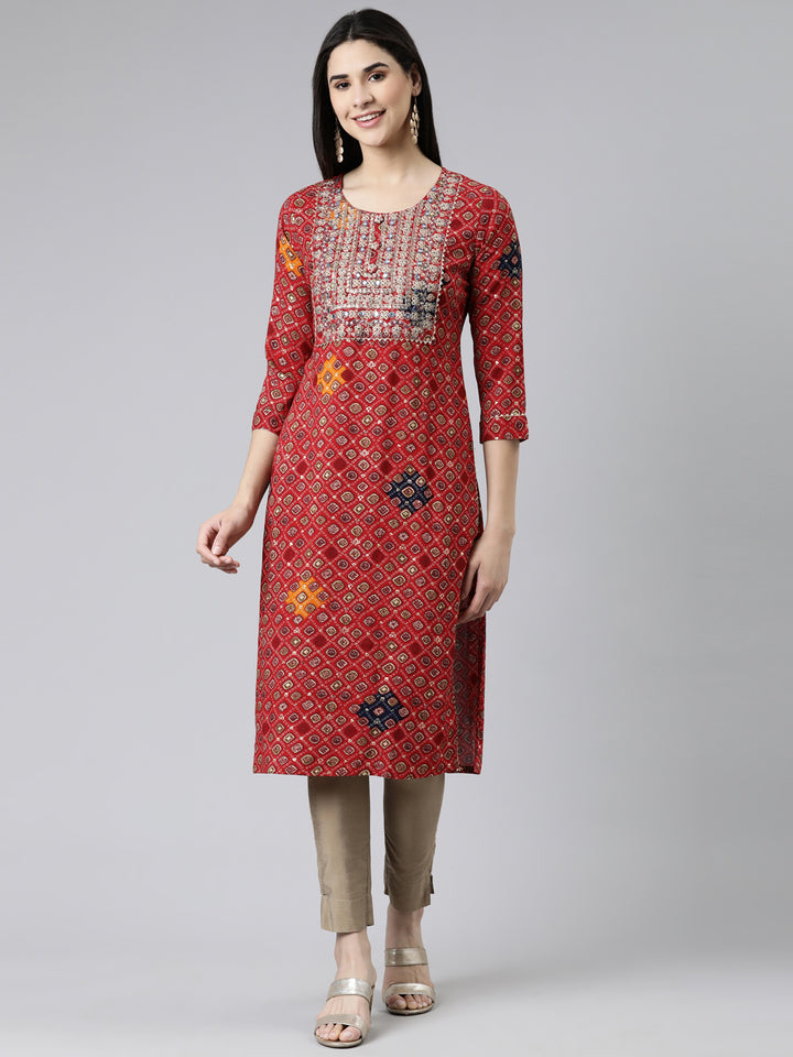 Neerus Red Straight Printed Cotton Kurtas