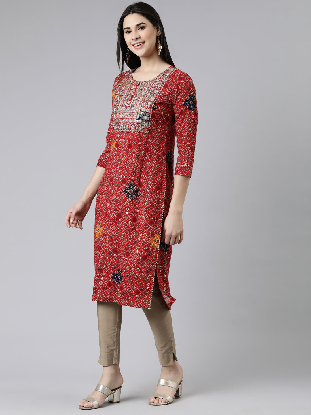Neerus Red Straight Printed Cotton Kurtas