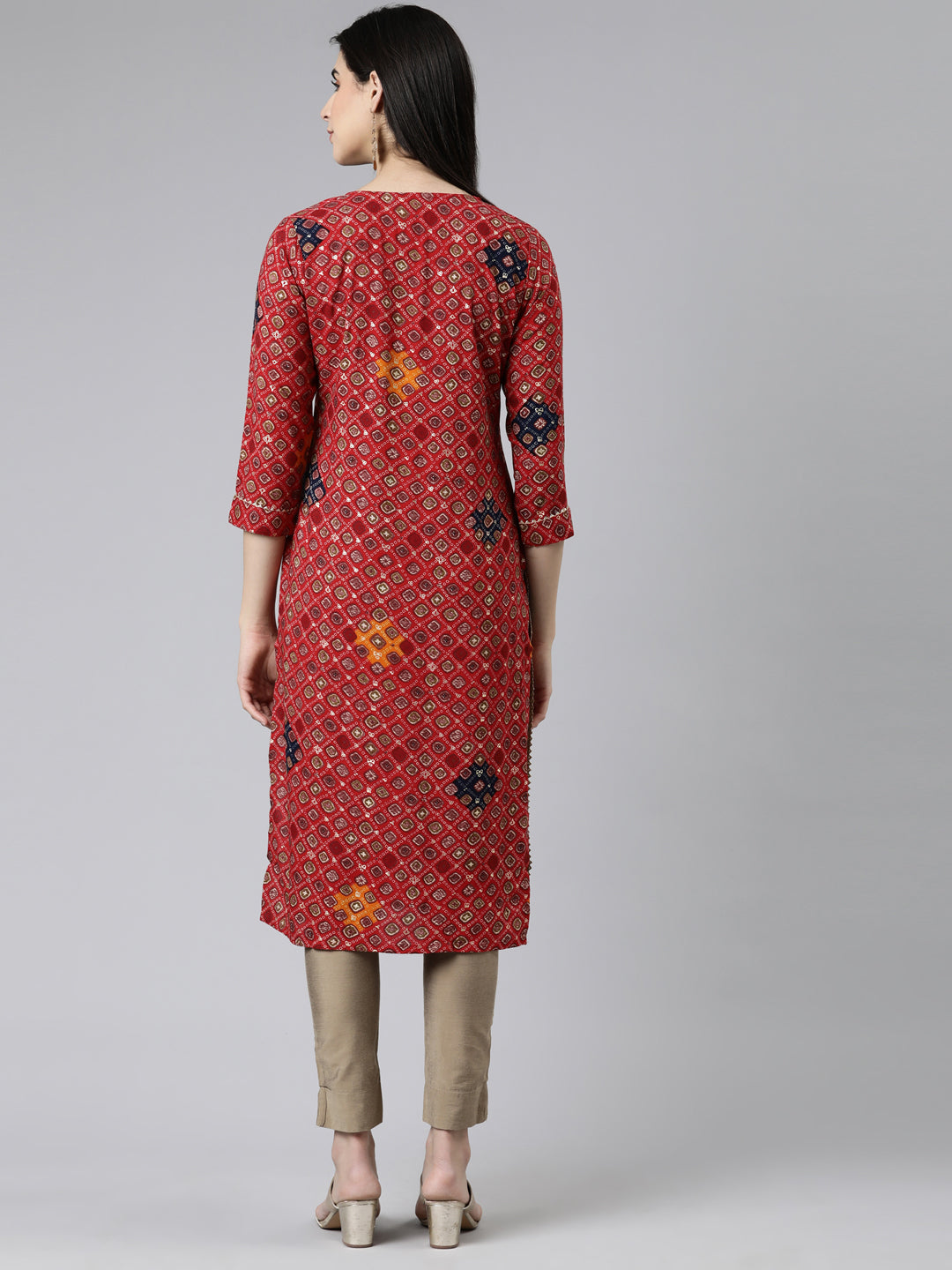 Neerus Red Straight Printed Cotton Kurtas