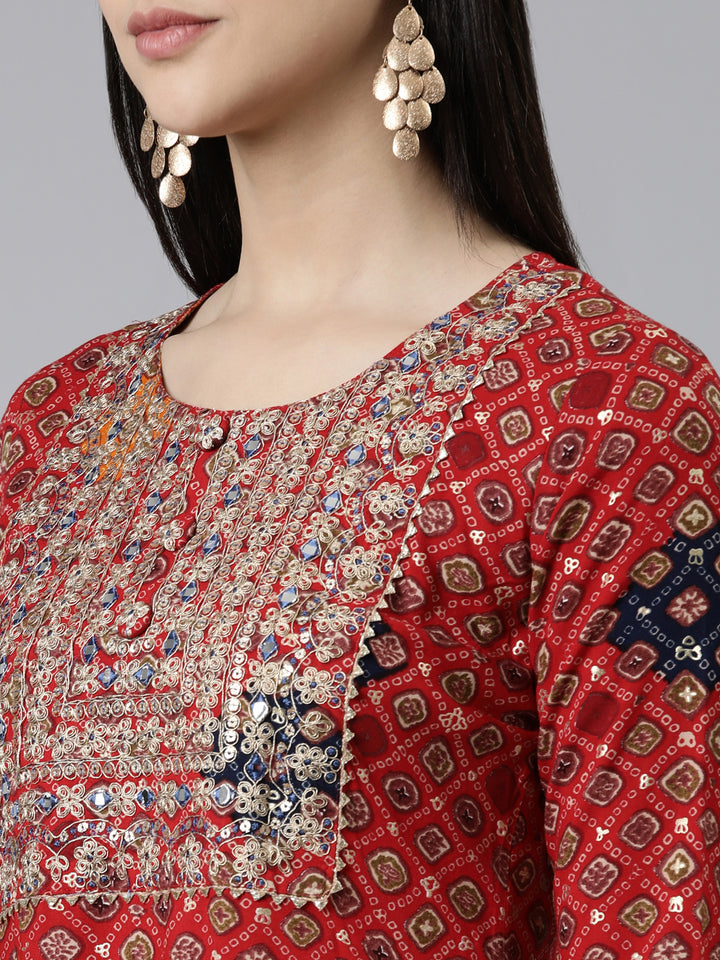 Neerus Red Straight Printed Cotton Kurtas