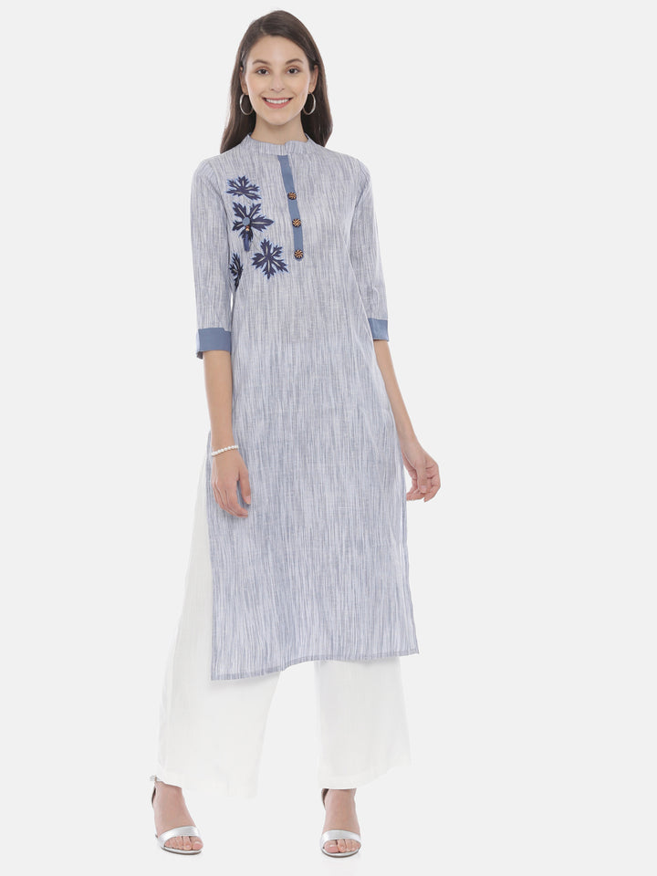 Neerus Blue muslin embroidered straight kurta - front view