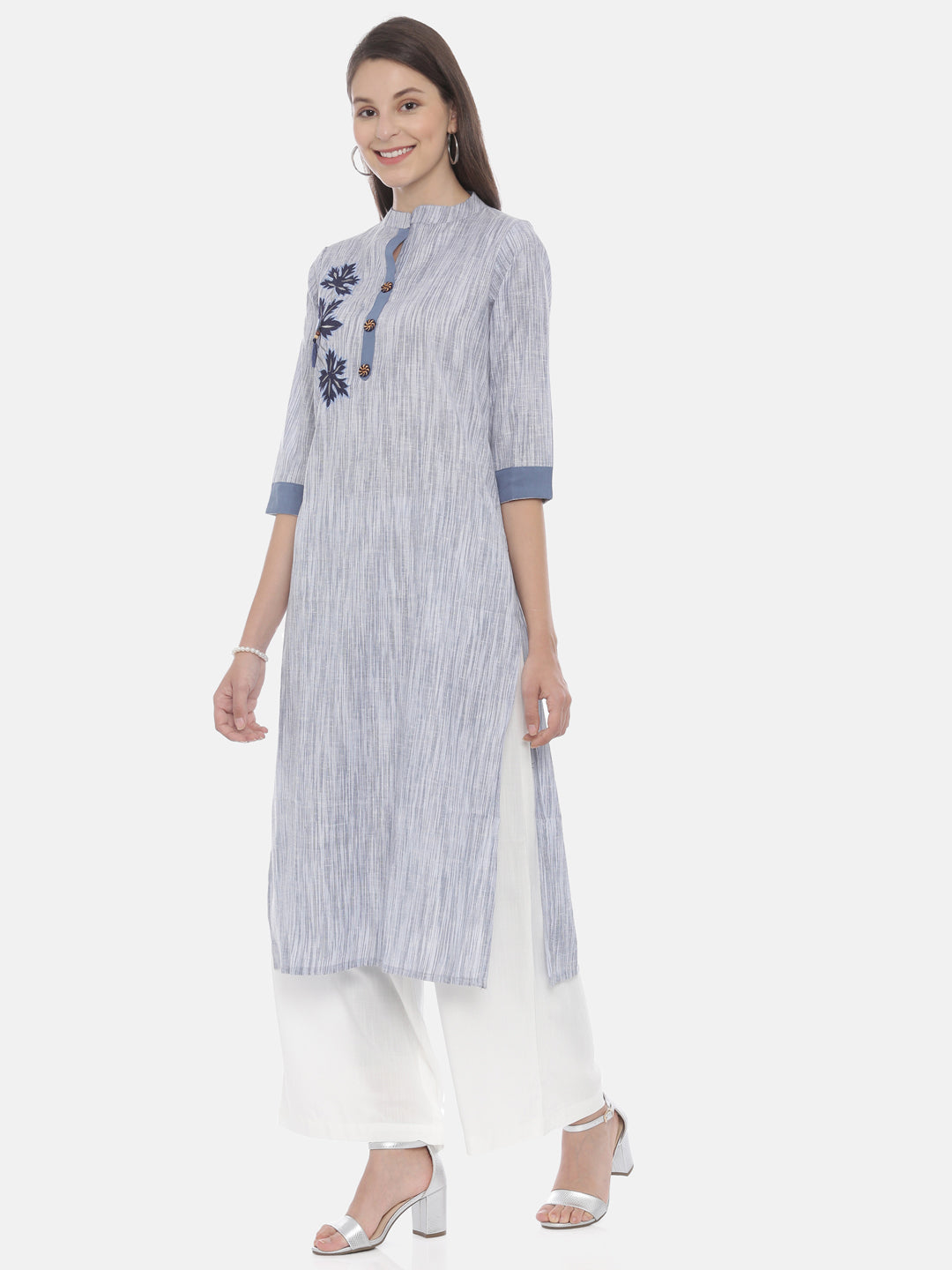 Neerus Blue muslin embroidered straight kurta - side view