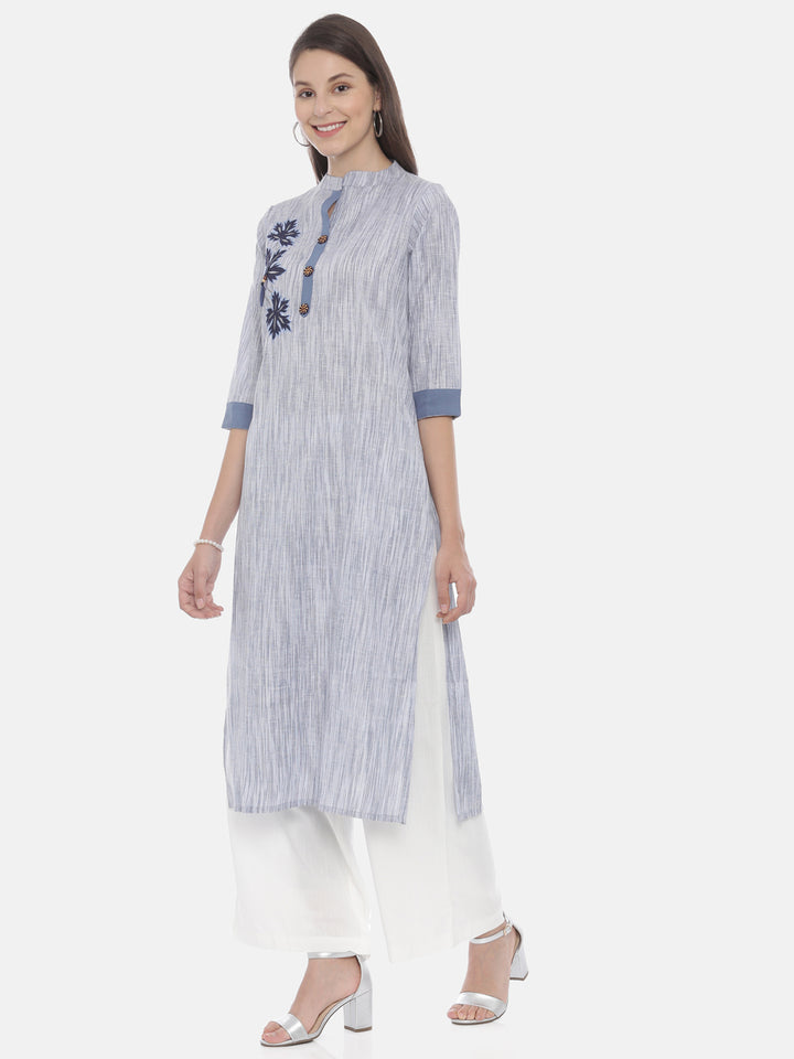 Neerus Blue muslin embroidered straight kurta - side view