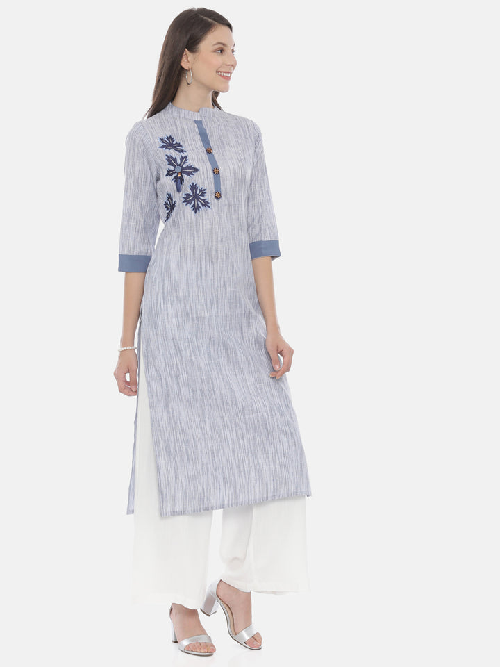 Neerus Blue muslin embroidered straight kurta - detail view 1
