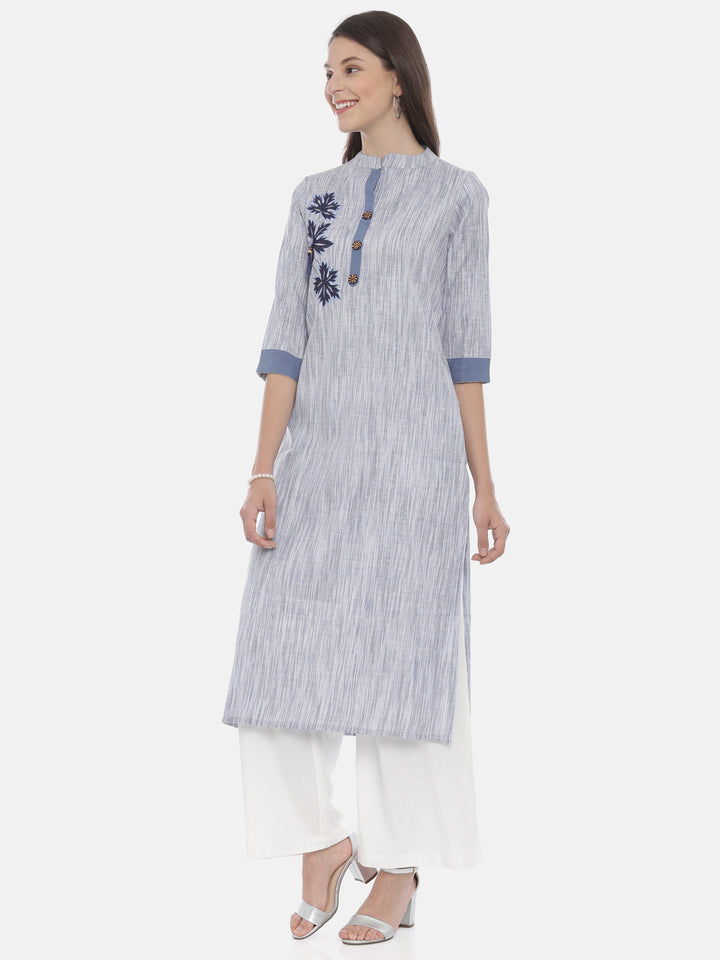 Neerus Blue muslin embroidered straight kurta - detail view 3