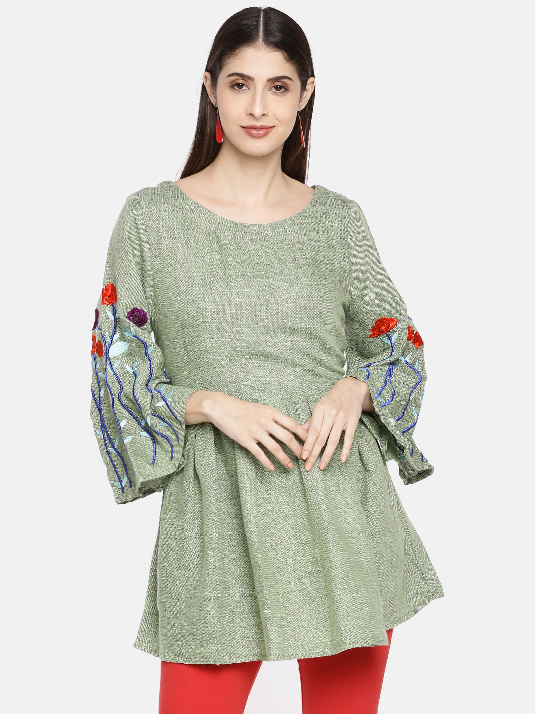 Neerus Green embroidered A-line kurti - detail view 2