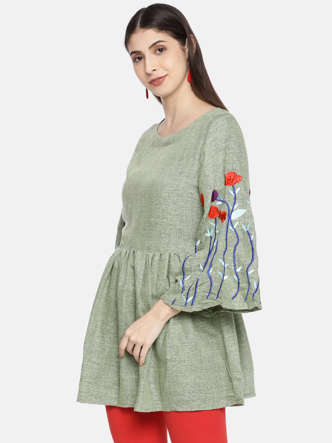 Neerus Green embroidered A-line kurti - side view