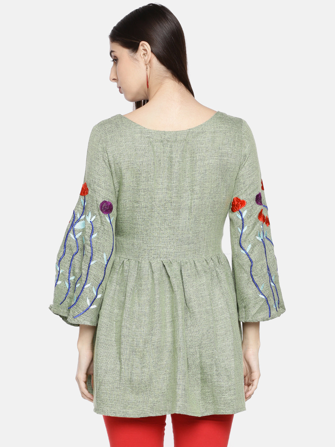 Neerus Green embroidered A-line kurti - detail view 1