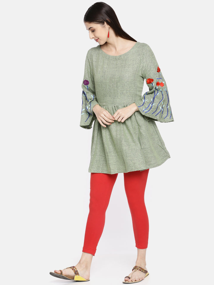 Neerus Green embroidered A-line kurti - front view