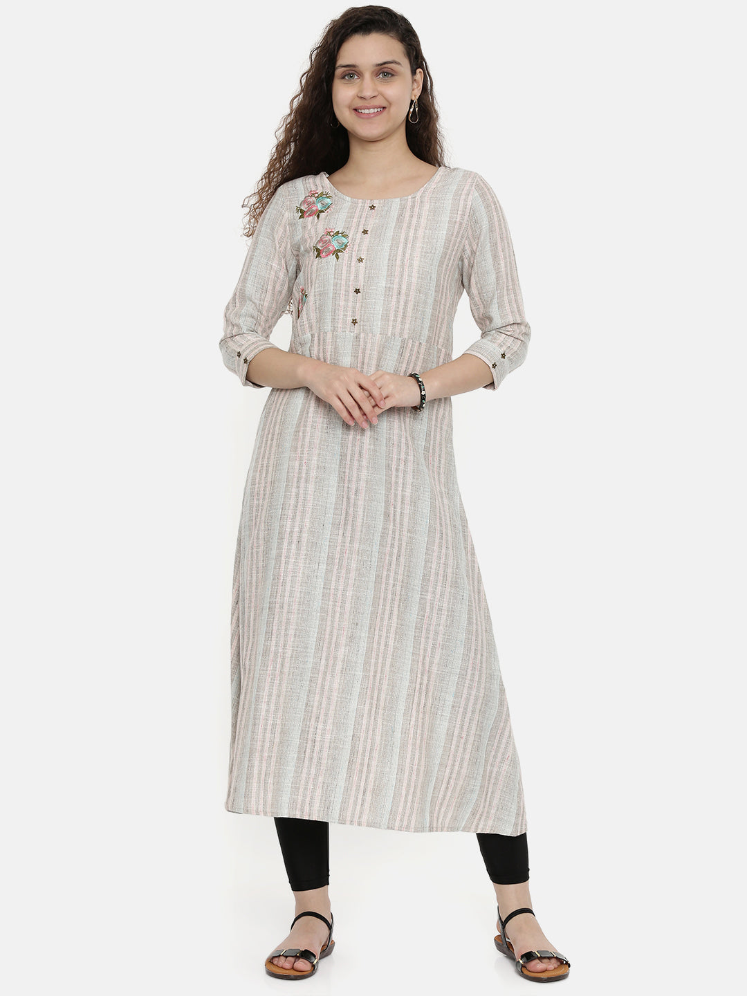 Neerus Grey cotton A-line kurti - front view