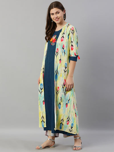 Neeru's Women Teal Blue Yellow Printed Layered A-Line Kurta With Embroidered Detailing