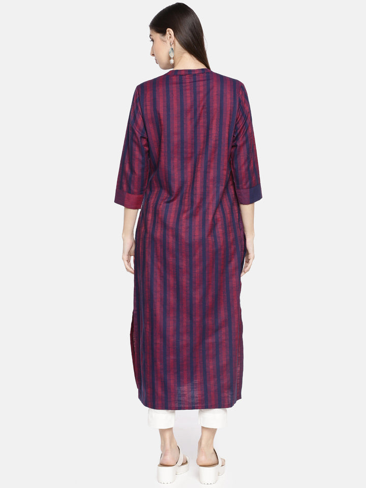 Neerus Blue slub cotton striped A-Line kurti - detail view 1