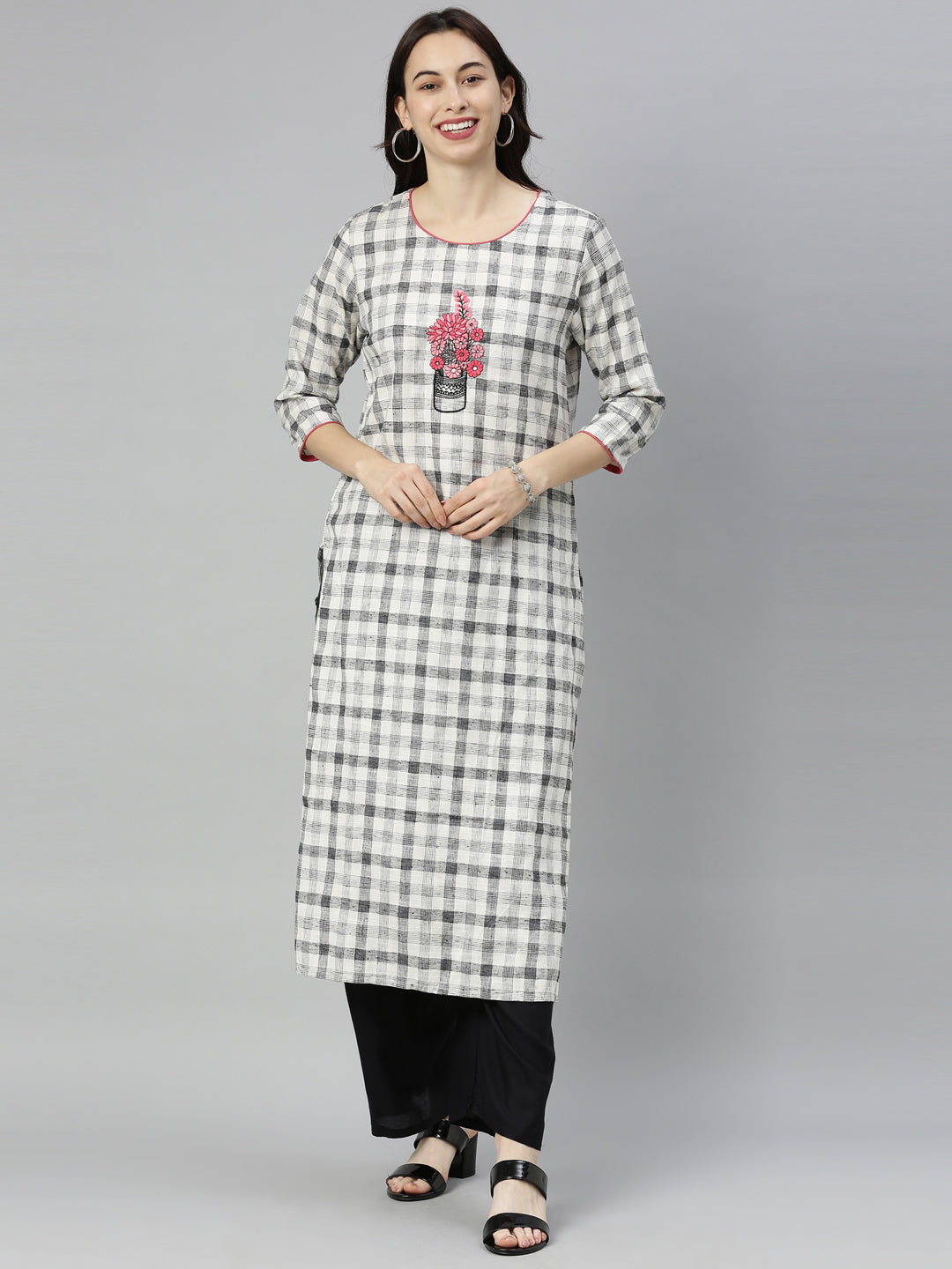 Neerus Grey embroidered straight kurta - front view