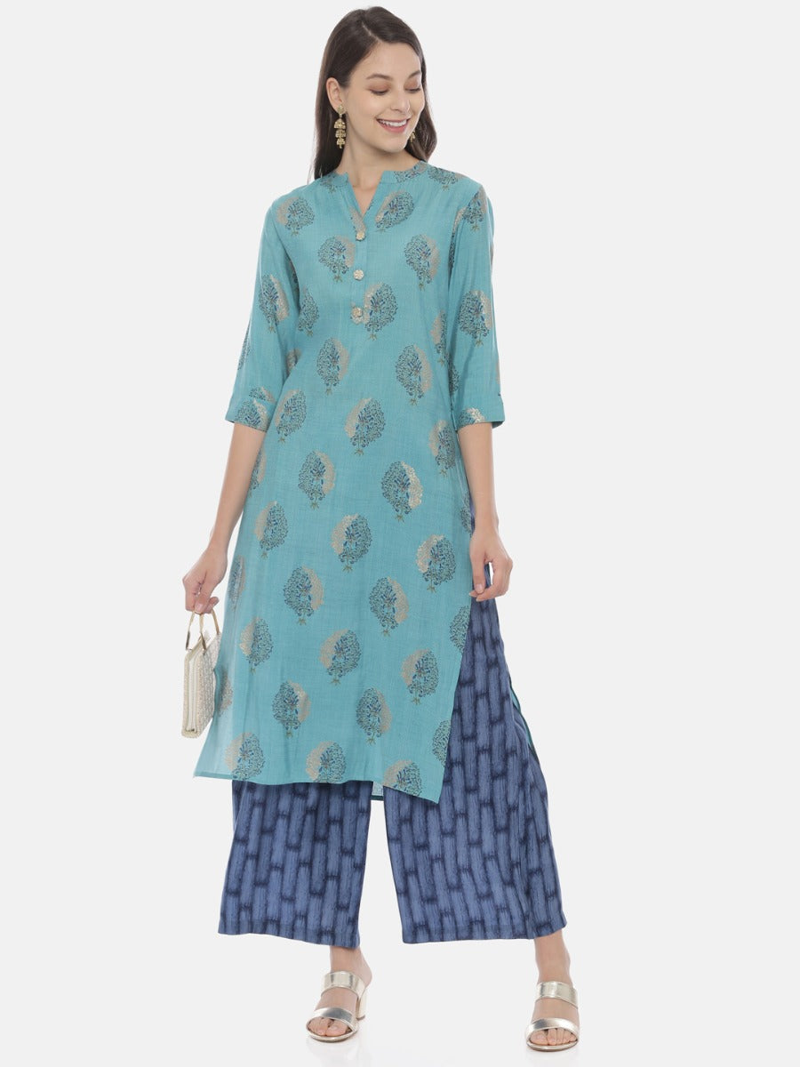 Neerus Blue Printed Kurta & Palazzo Set