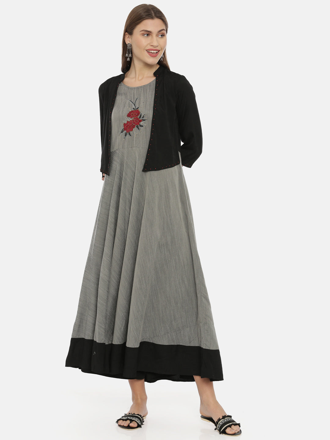 Neerus Grey Embroidered Anarkali Kurta