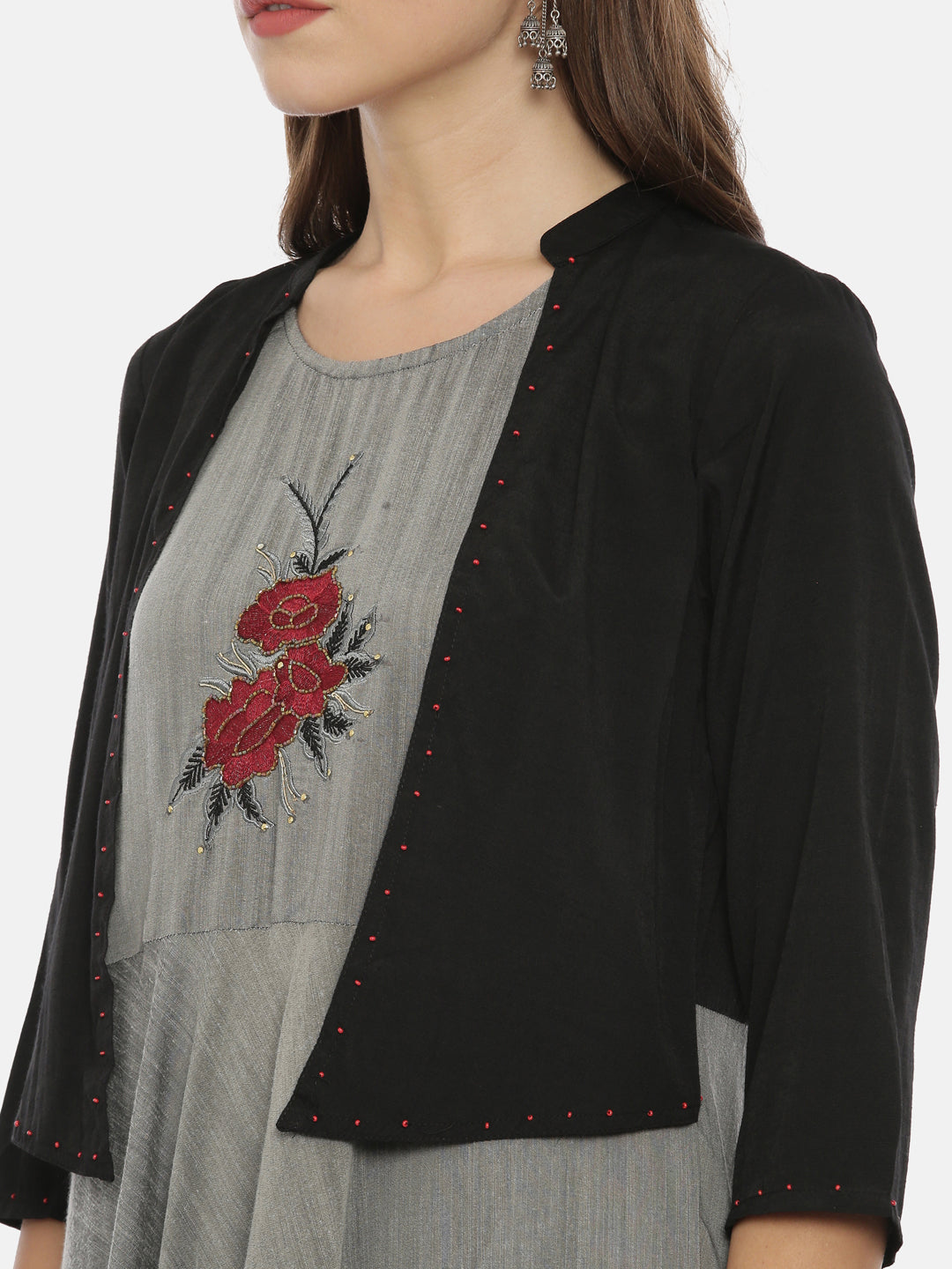 Neerus Grey Embroidered Anarkali Kurta