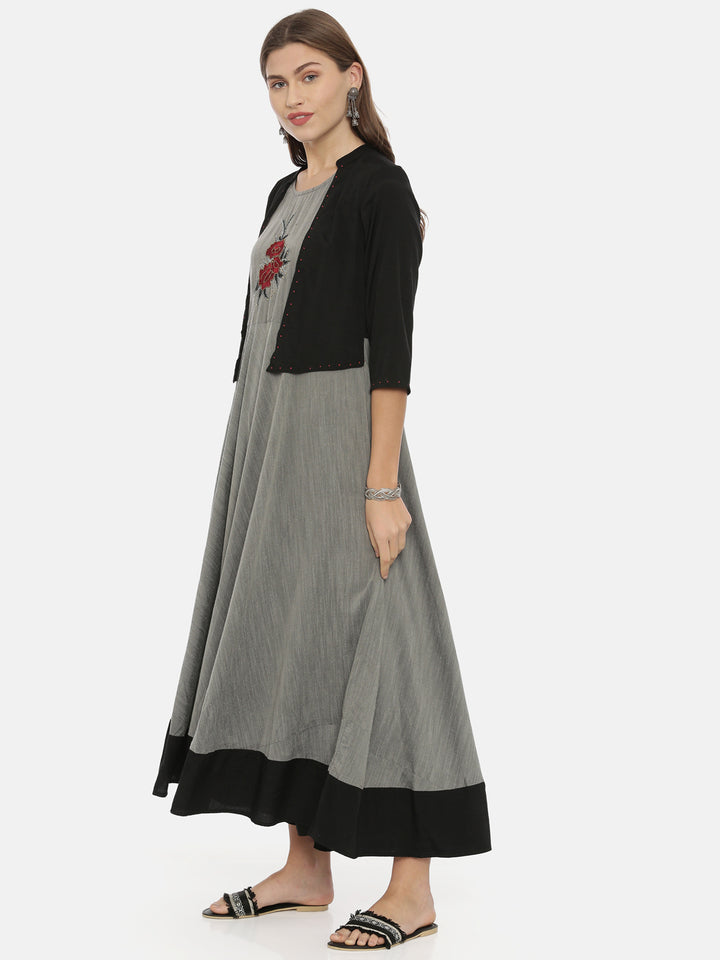 Neerus Grey Embroidered Anarkali Kurta