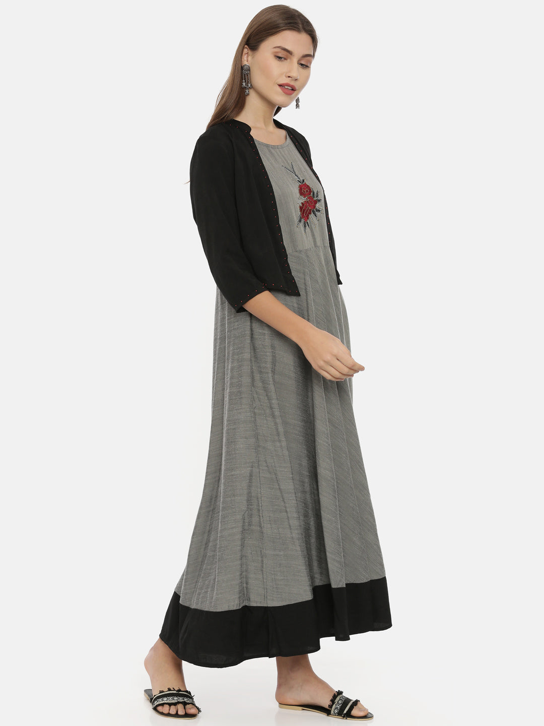 Neerus Grey Embroidered Anarkali Kurta