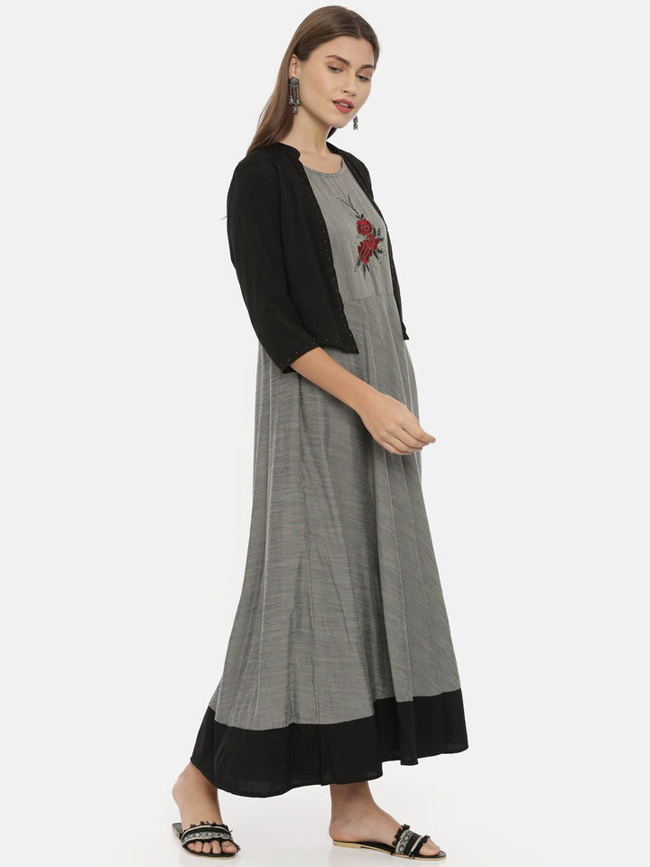 Neerus Grey Embroidered Anarkali Kurta