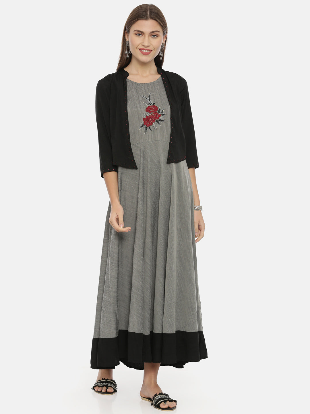 Neerus Grey Embroidered Anarkali Kurta