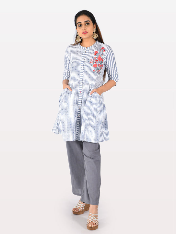 Neerus White cotton printed straight kurti - front view
