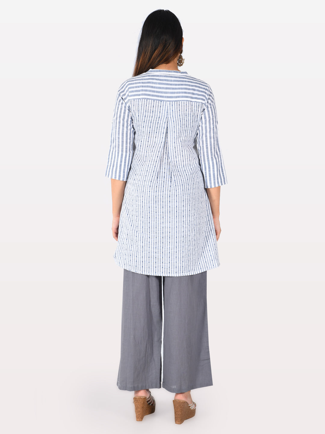 Neerus White cotton printed straight kurti - back view