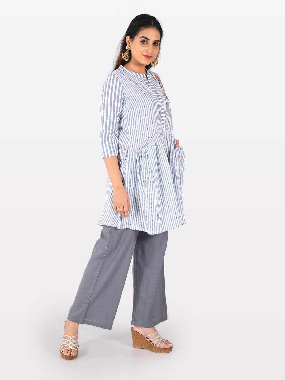 Neerus White cotton printed straight kurti - side view