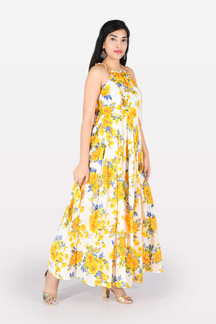 Neerus Yellow Printed A Line Kurta
