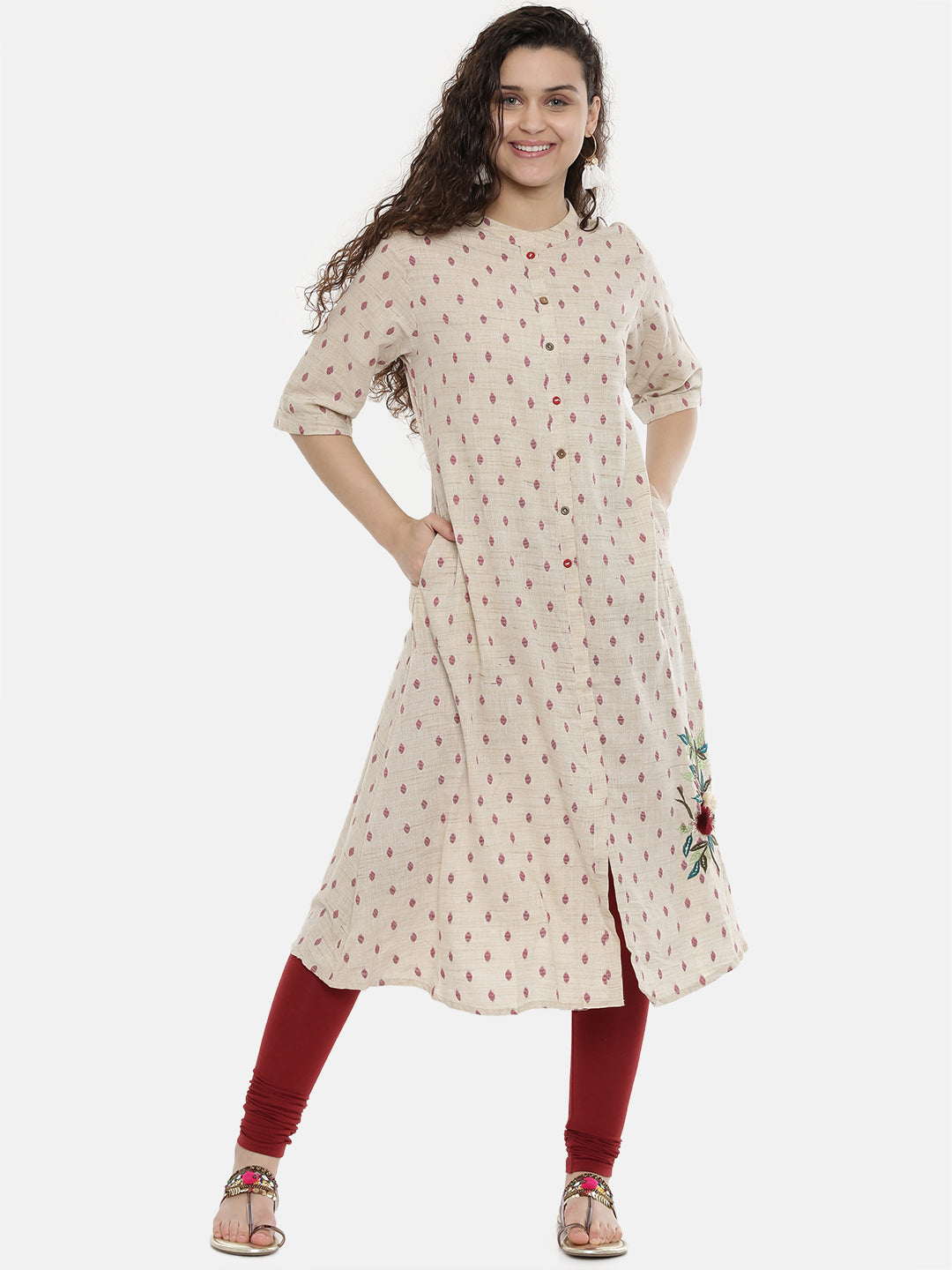 Neerus Women Cream-Coloured Maroon Woven Design A-Line Kurta