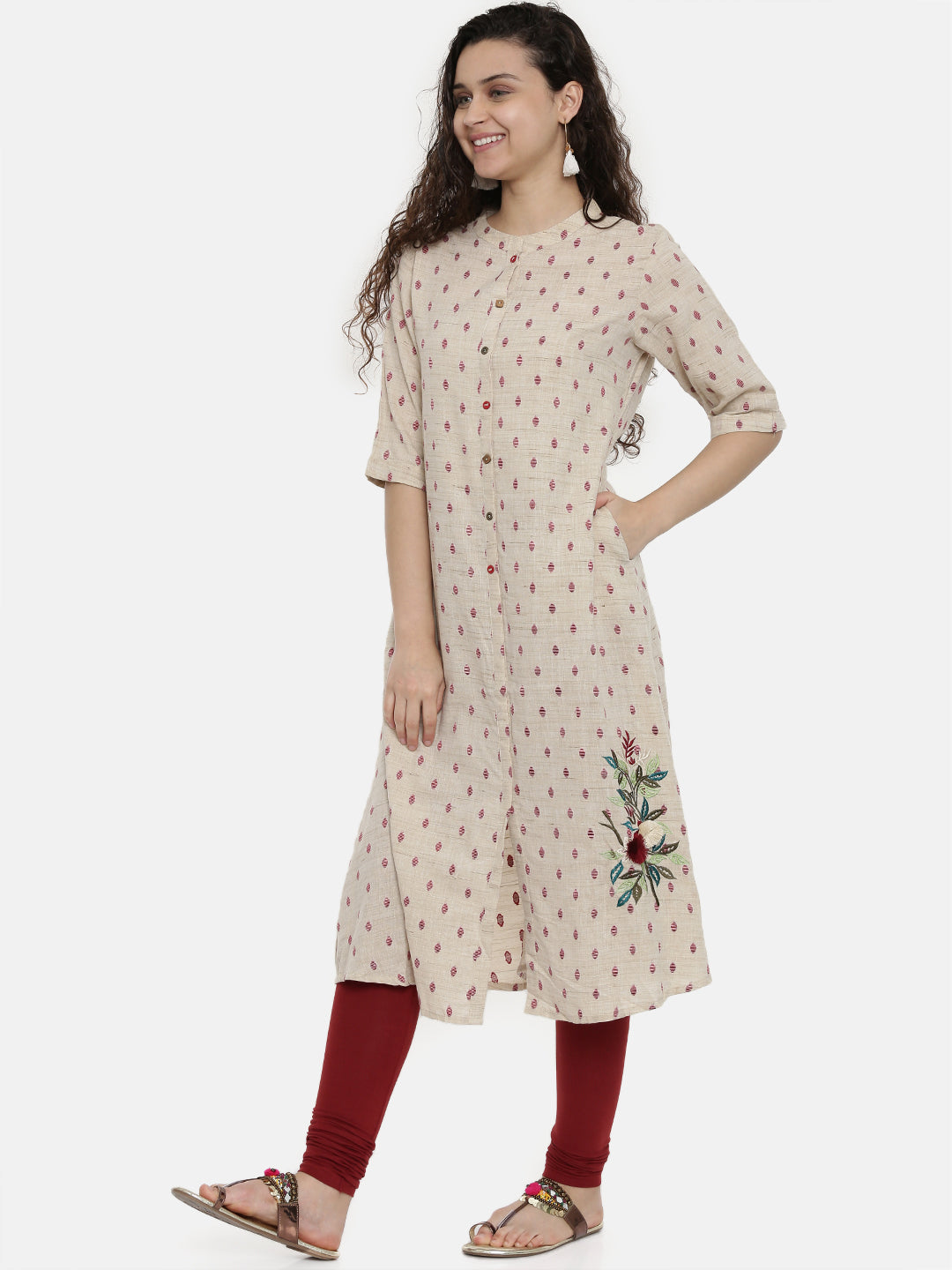 Neerus Women Cream-Coloured Maroon Woven Design A-Line Kurta